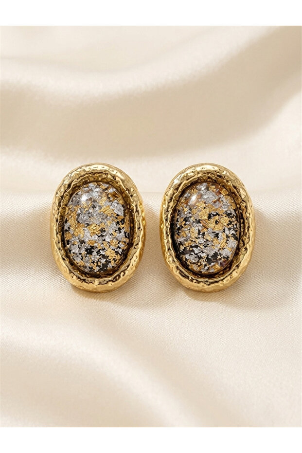 Black Silver and Gold Foil Look Oval Stone Framed Earrings