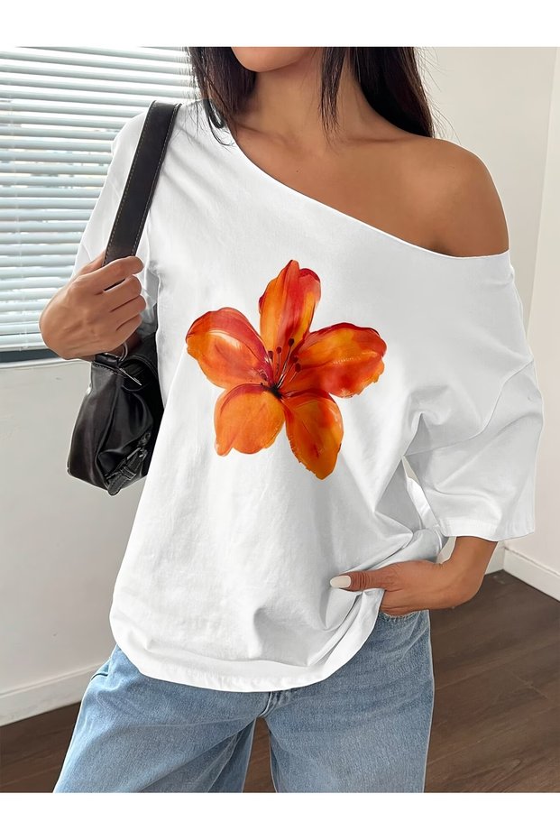 Women's Floral Printed Boat Neck Off Shoulder 100% Cotton T-Shirt
