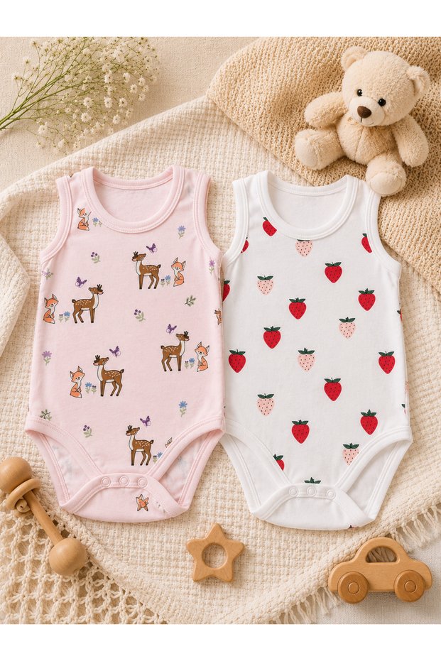 Strappy Snap Fastener Bodysuit 100% Cotton 1. Quality Fabric 2-Pack Colorful Patterned 1-3 Year Old Girls/Boys/Unisex