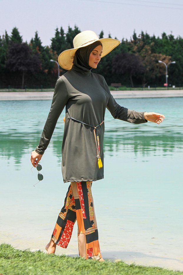 Full Covered Hijab Swimsuit Set Khaki Colored Waist Tie 3 Pieces – M2226