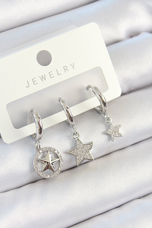 Brass Zircon Stone Star Model Silver Color 3-Piece Double Women's Earring Set