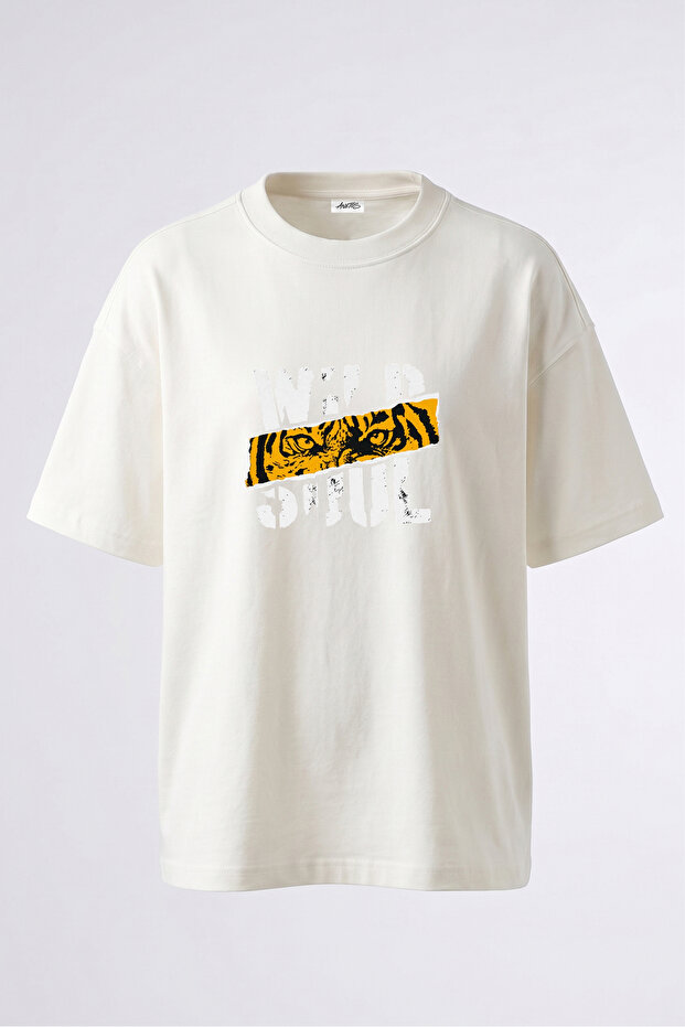 Tiger Eyes Design Back Printed Cotton White Oversize T-Shirt