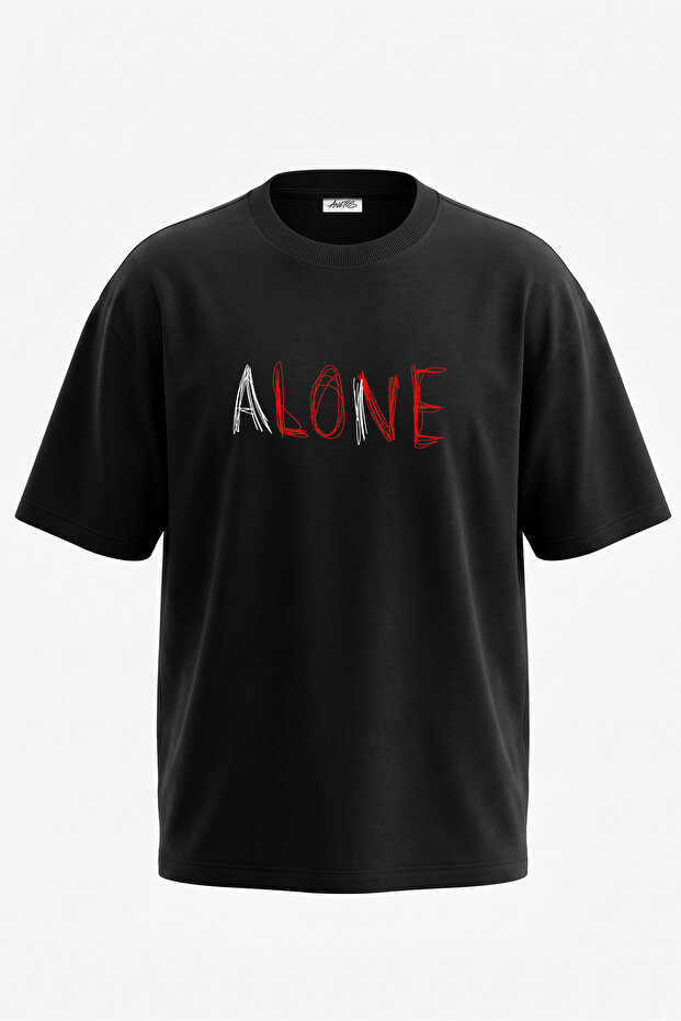 تي شيرت قطني أسود كبير الحجم بتصميم Alone Scribble مطبوع على الظهر
