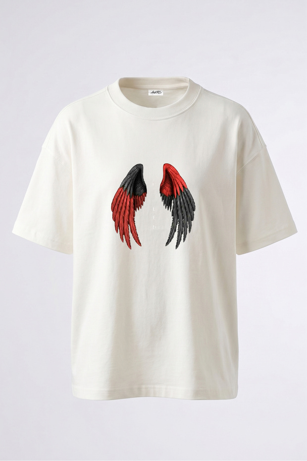 Fallen Wings Design Back Printed Cotton White Oversize T-Shirt