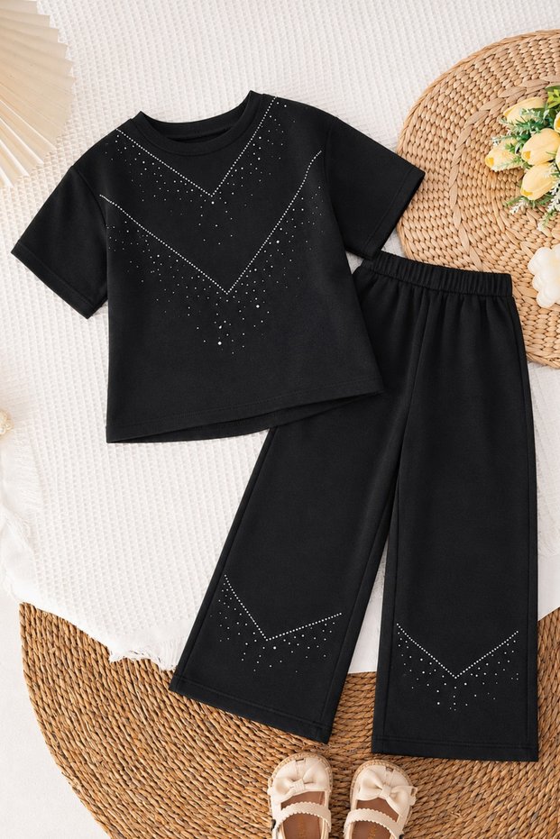 Girl's Stone Detailed T-Shirt and Pants Set