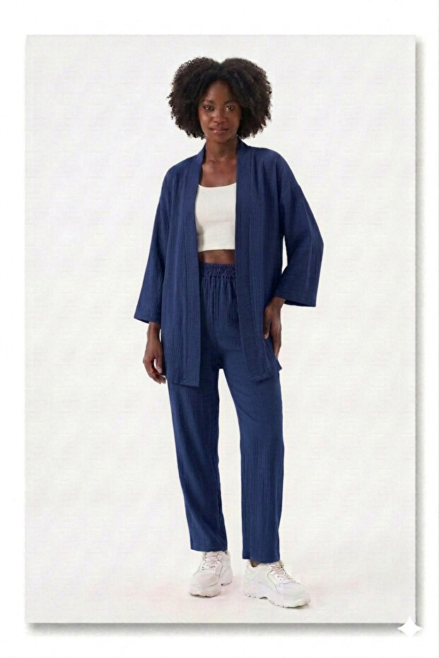 Premium Wrinkled Fabric Casual Cut Kimono Jacket Double Set