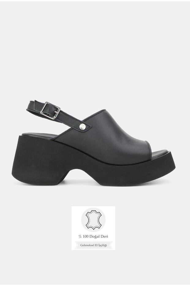 Women's Black Genuine Leather Buckle Platform Heel Daily Sandals