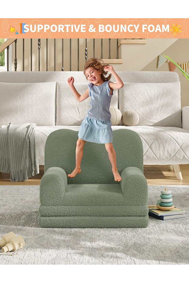 Kids Sofa 2-in-1 Transformable Sofa Bed Folding Sofa Soft Sherpa Fabric Bedroom Playground Birthday Gift Green