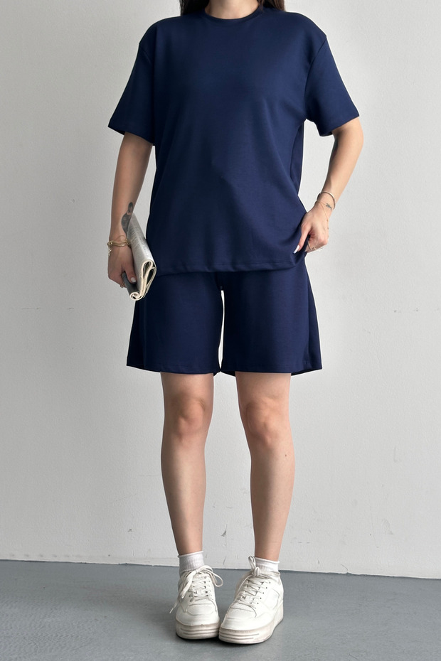 Women's Modal Fabric Shorts Comfortable Cut Casual Two-Piece Set Navy Blue 3202