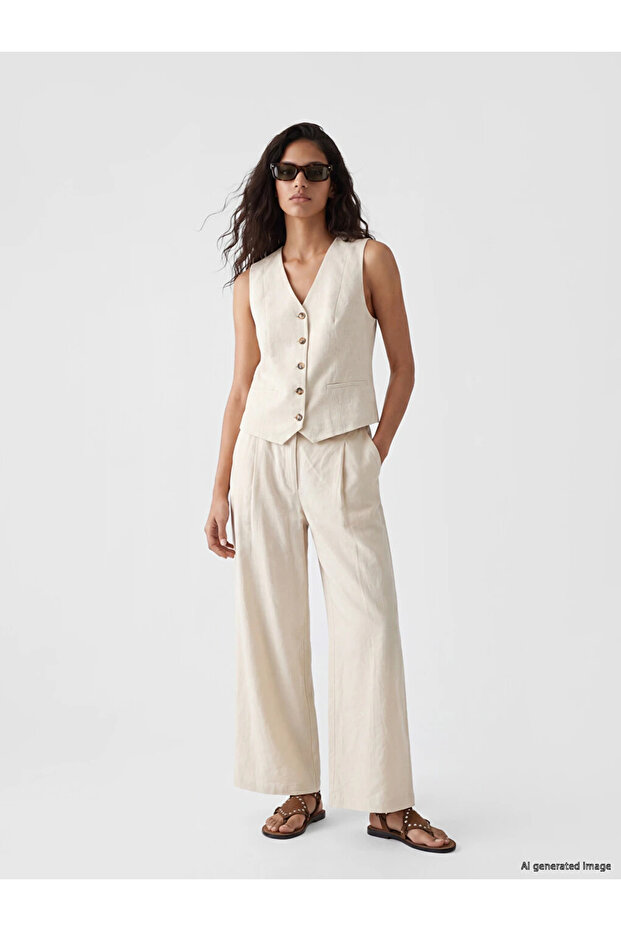 Beige Modal Blend Pleated Women's Fabric Trousers