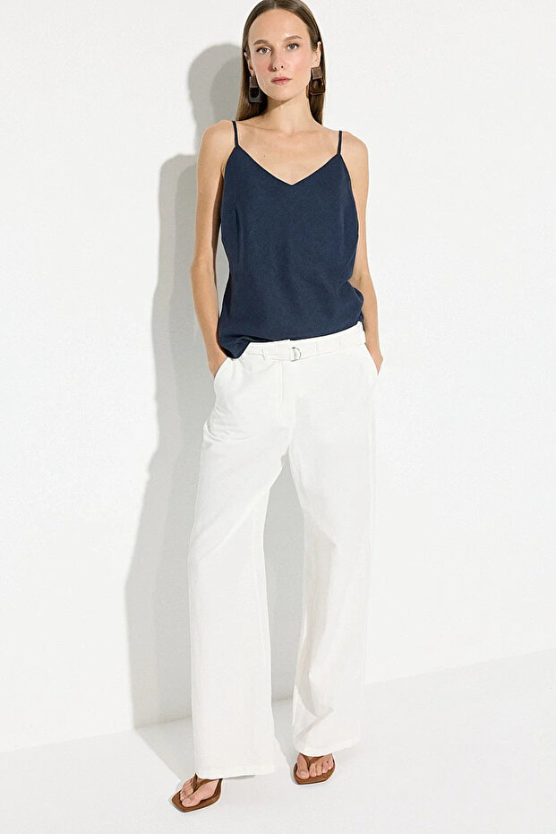 Beli Belted Buckle Cotton Linen Trousers - White