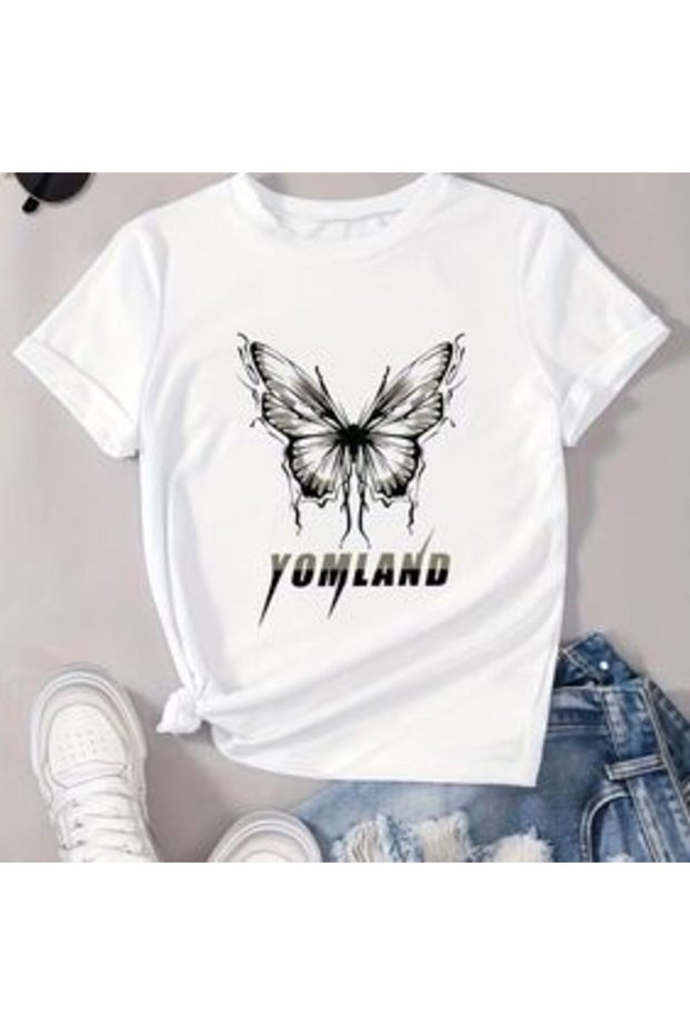 Black Butterfly Printed White Oversize T-Shirt