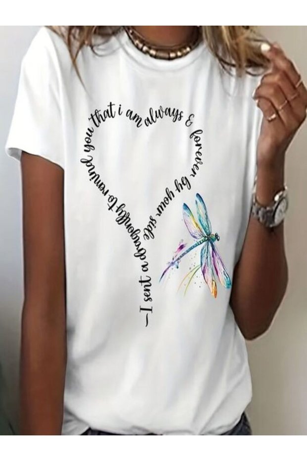 White T-Shirt with Heart-Shaped Text and Colorful Dragonfly Print
