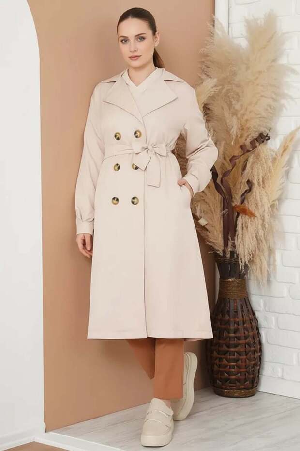 Women's Double-Breasted Collar Belted Double-Button Beige Hijab Trench Coat