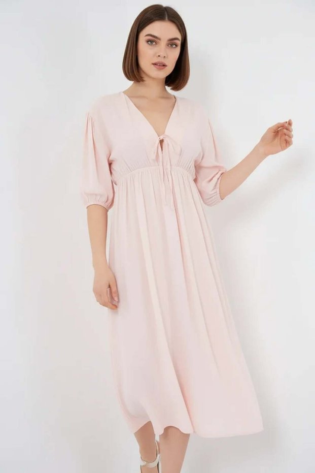Women's V-Neck Gathered Waist Viscose Powder Dress