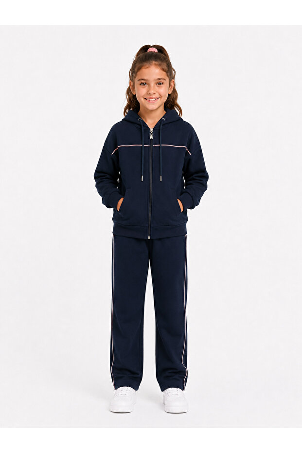 طقم رياضي قطني بغطاء رأس للبنات 26102 - أزرق داكن