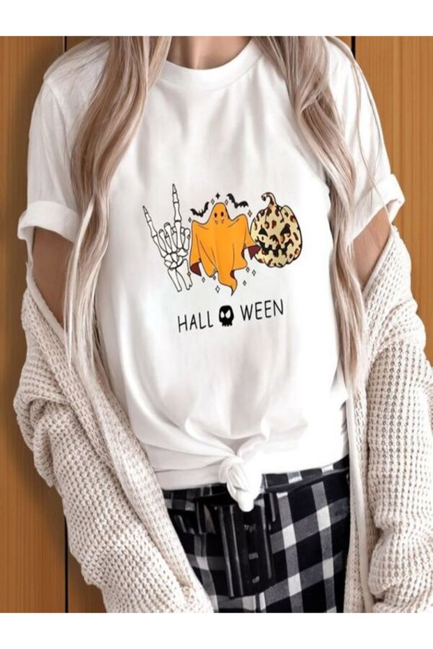 Halloween Themed Printed White T-Shirt
