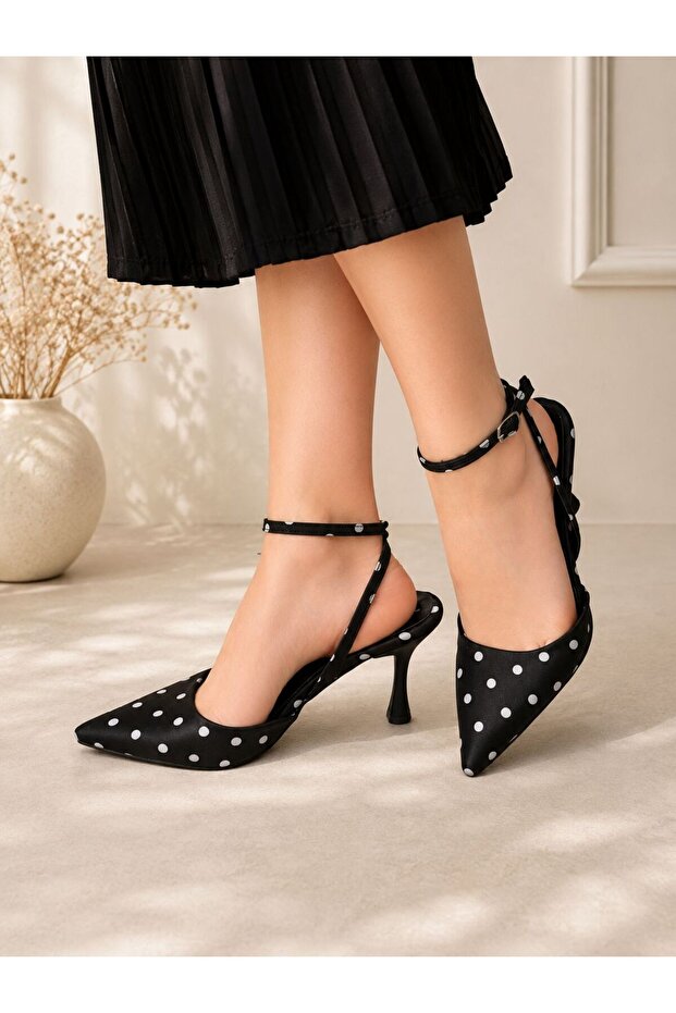 Black Satin Polka Dot Pointed Heeled Shoes
