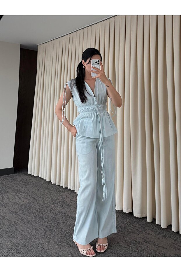 Blue 100% Cotton Shoulder-Waist Drawstring Blouse and Trousers Set - Y286120