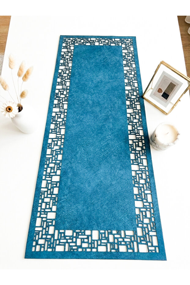 Blue Suede Fabric Runner 40X100 cm Coffee Table Size - Geometric Quadrilateral Pattern