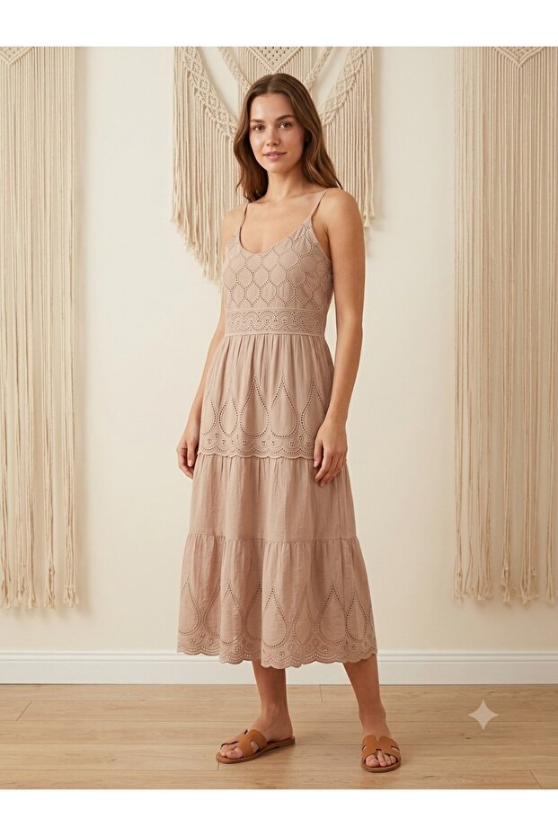 Thin Strap Embroidered Muslin Dress