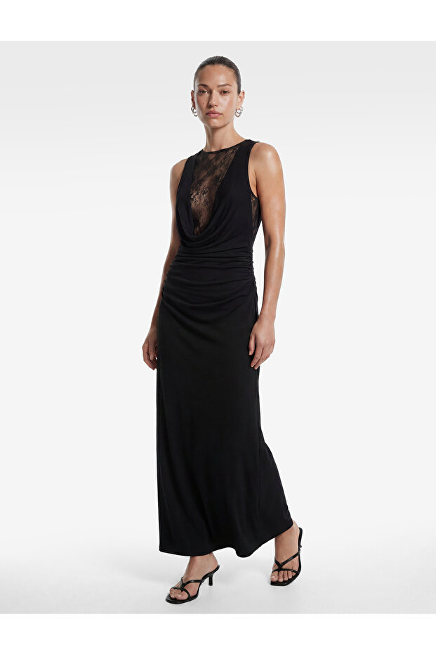Sleeveless Draped Long Dress with Draped Collar and Lace Detail