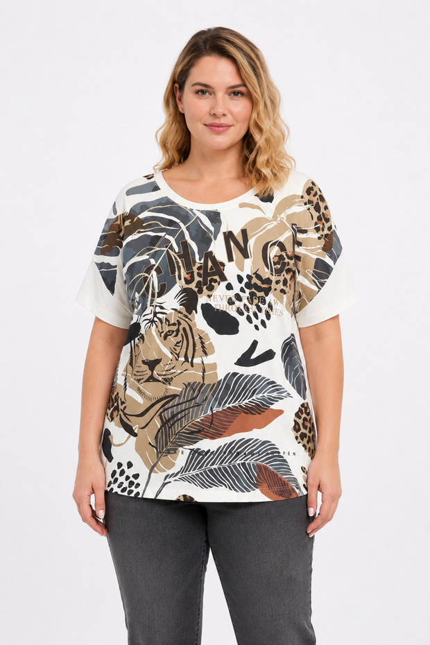 Women's Plus Size Bone, Crew Neck, Organic Cotton, Printed Blouse 65N39555