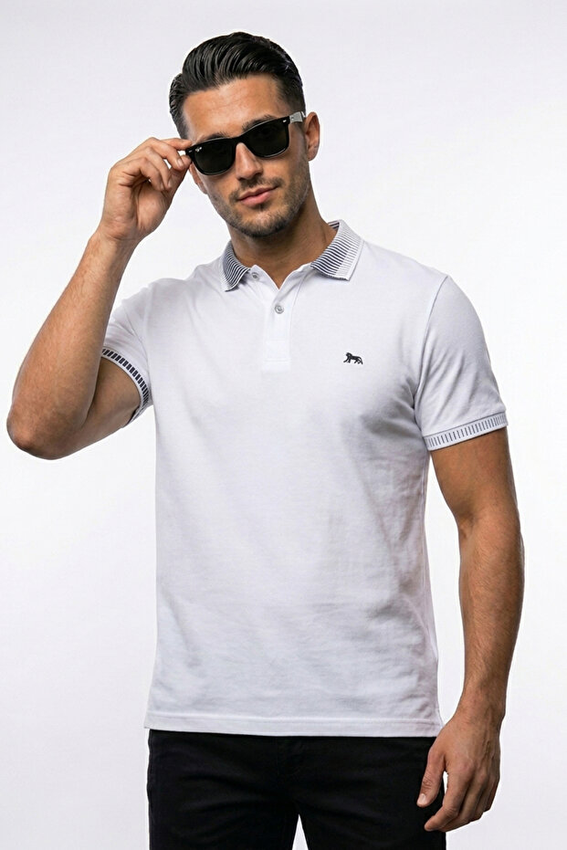 White Polo Collar Men's T-Shirt Regular Fit 100% Cotton with Striped Collar Detail