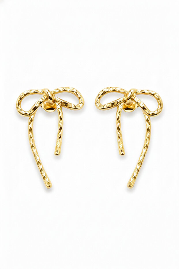 Yellow Color Hammered Texture Bow Design Earrings Women's Brass Jewelry