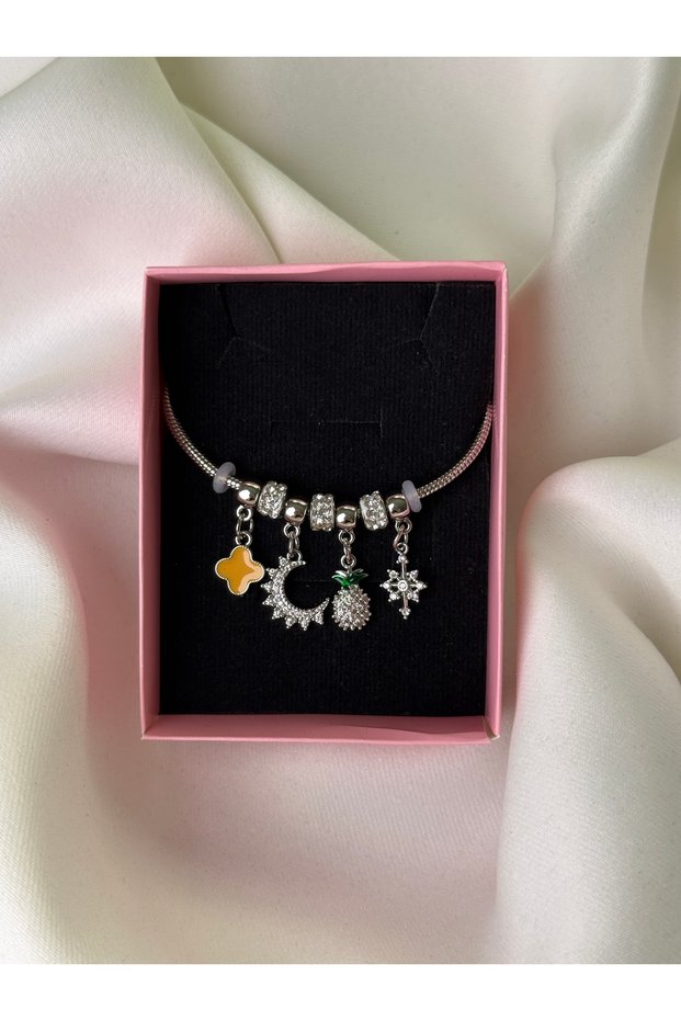 Crescent and Pineapple Charm Detailed Zircon Stone Women's Bracelet