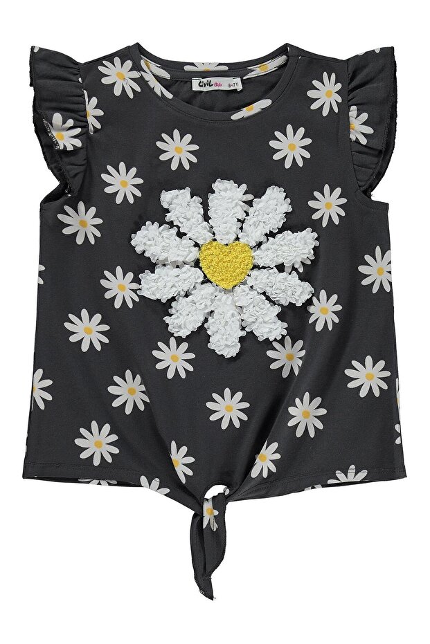 Daisy Patterned T-Shirt for 6-9 Years Old - Gray