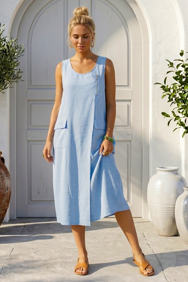 Light Blue Pool Collar Sleeveless Zippered Double Flap Pockets Casual 100% Linen Woven Dress 110 55