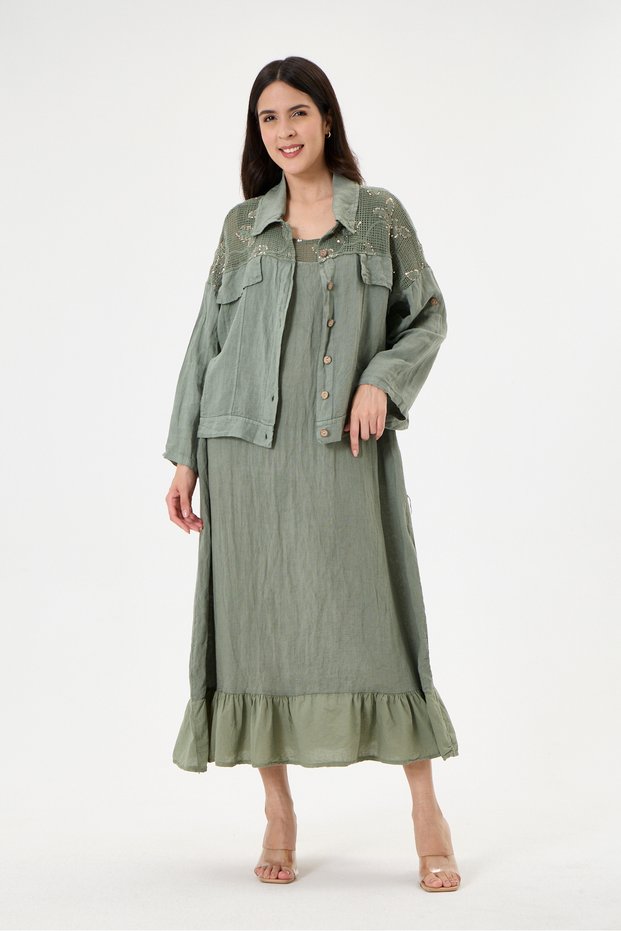Khaki Italian 100% Linen 2-Piece Suit with Mesh on the Shoulder and Collar Jacket Long Dress Size 38 - 44