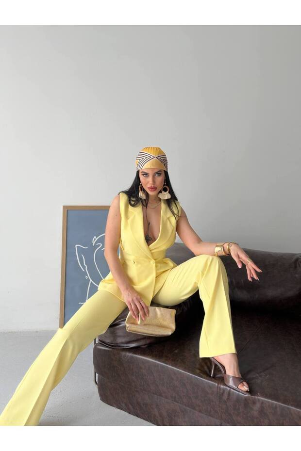 Double-Breasted Sleeveless Jacket and Palazzo Pants Two-Piece Set Women