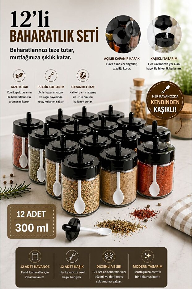12 Pieces Practical Spice Jar Set with Self-Dispensing Spoon 300 ml Short Glass Spice Set