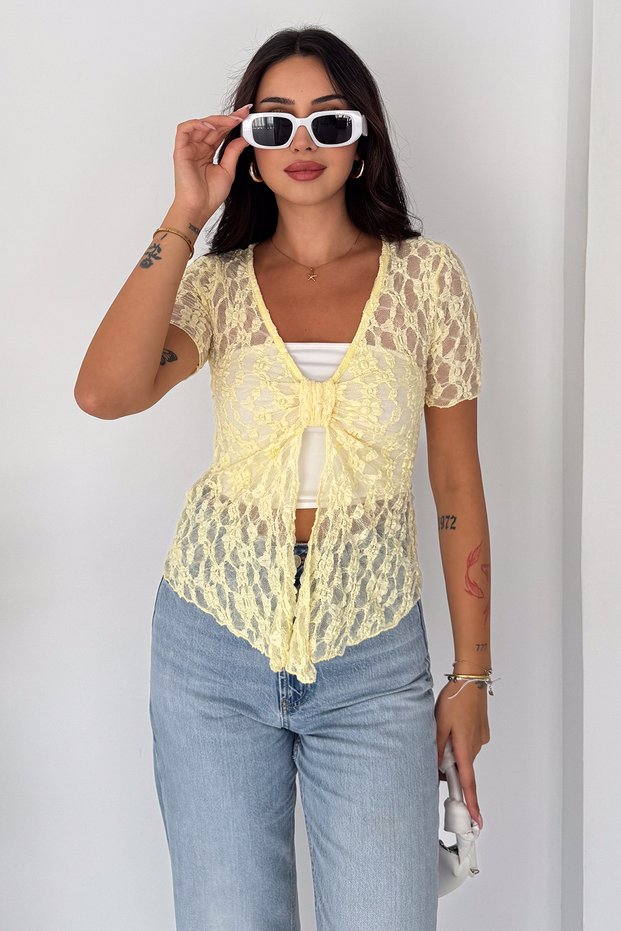 Women's Lace Detailed Transparent Blouse V-Neck Gathered Detailed Stylish Blouse
