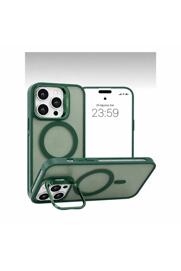 iPhone 14 Pro Max Compatible Magsafe Lens Protection Case + Metal Stand Featured Phone Back Cover with Gift