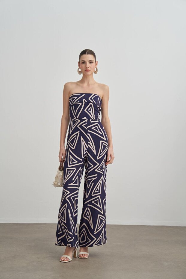 Geometric Patterned Strapless Cotton Jumpsuit