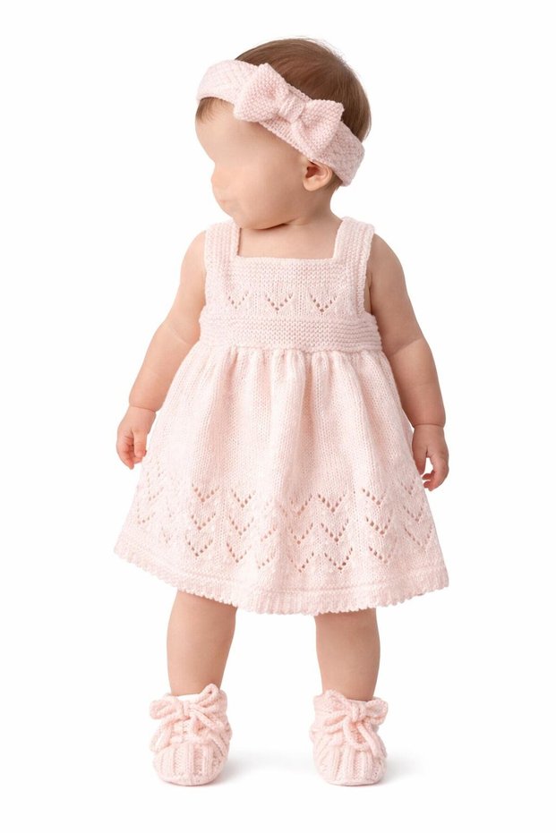 Hand Knitted 3-Piece Baby Girl Dress Set Bandana and Booties 100% Organic Cotton 12-18 Months