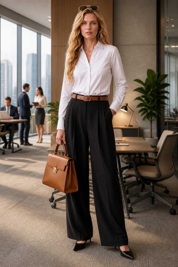Pants + Belt, Elastic Waist High Waist Wide Leg 2-Pocket Palazzo Belted Fabric Pants - Black