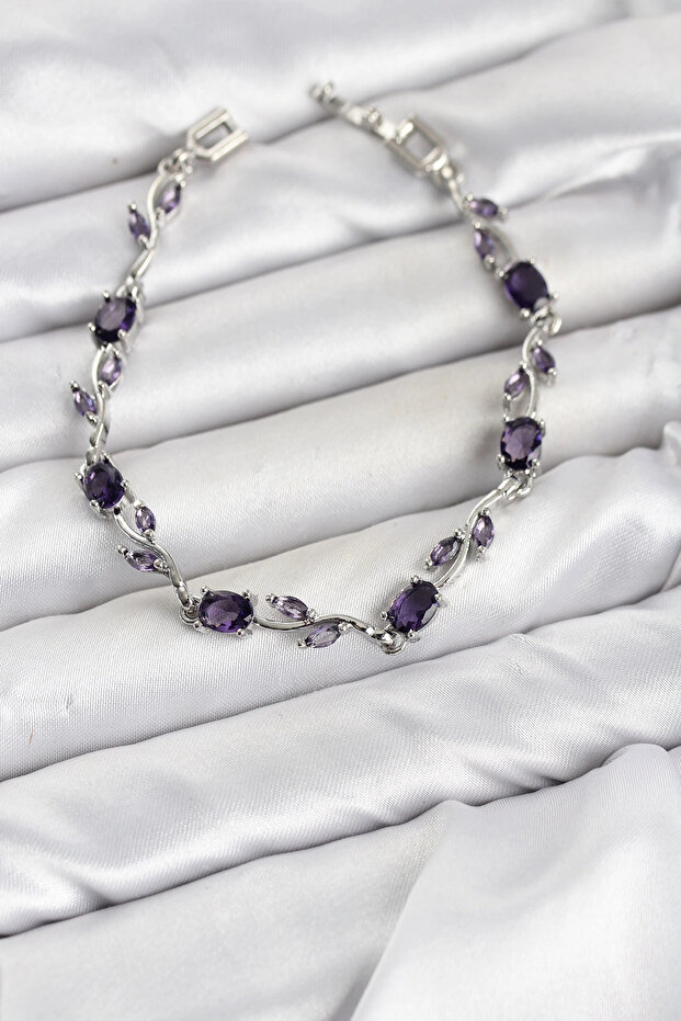 Brass Silver Color Purple Zircon Stone Flower Model Women's Bracelet