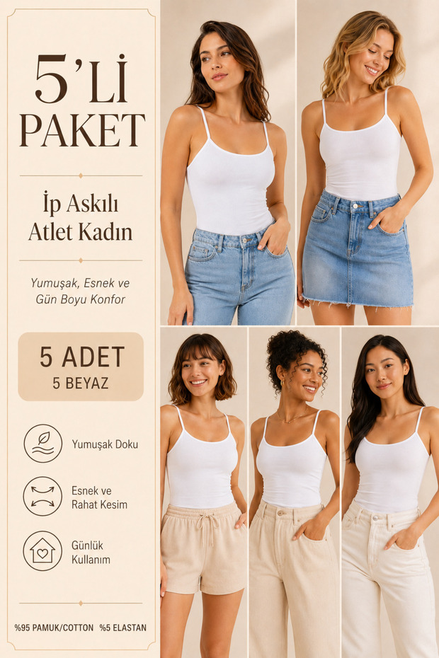 Women's 95% Cotton String Strap & Flexible 5-Piece Basic Undershirt