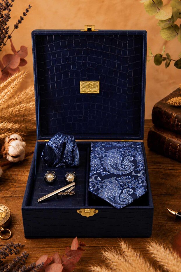 Navy Blue Men's Gift Box - Tie with Handkerchief, Cufflinks, Tie Clip Kmk267