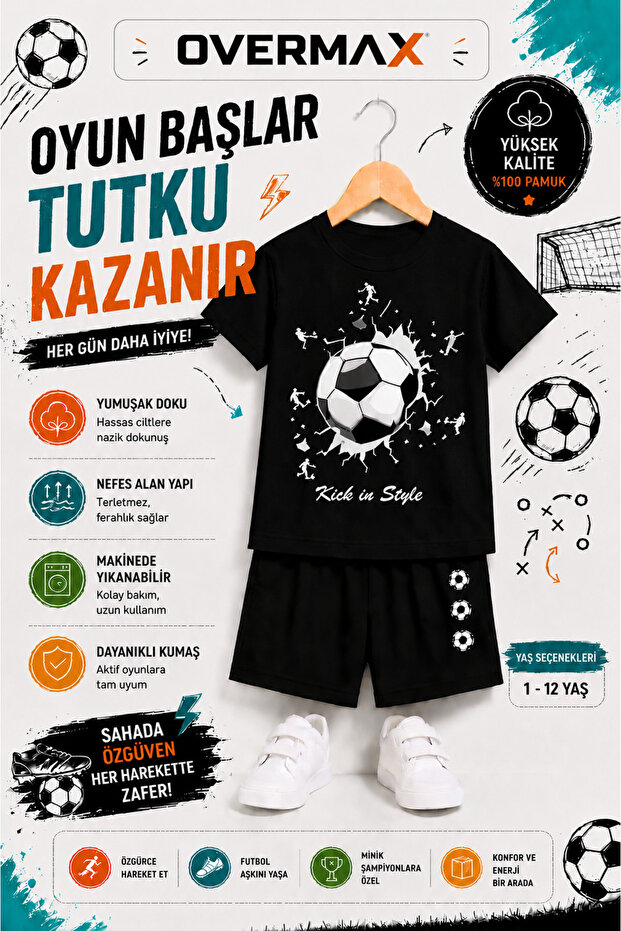 Kick in Goal Printed Kids' Set – T-Shirt & Shorts 2-Piece Combination | Trendy Summer Set for Ages 1-12