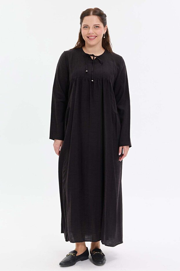 Women's Dress with Tie Collar and Drawstring