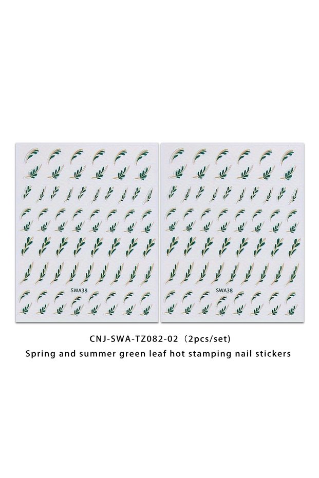 green 2PCS Spring floral leaf nail stickers, easy to apply for DIY nail decoration, gifts, party and