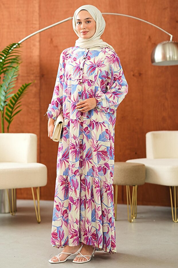 Plum Half-Buttoned Layered Viscose Dress with Elastic Sleeves