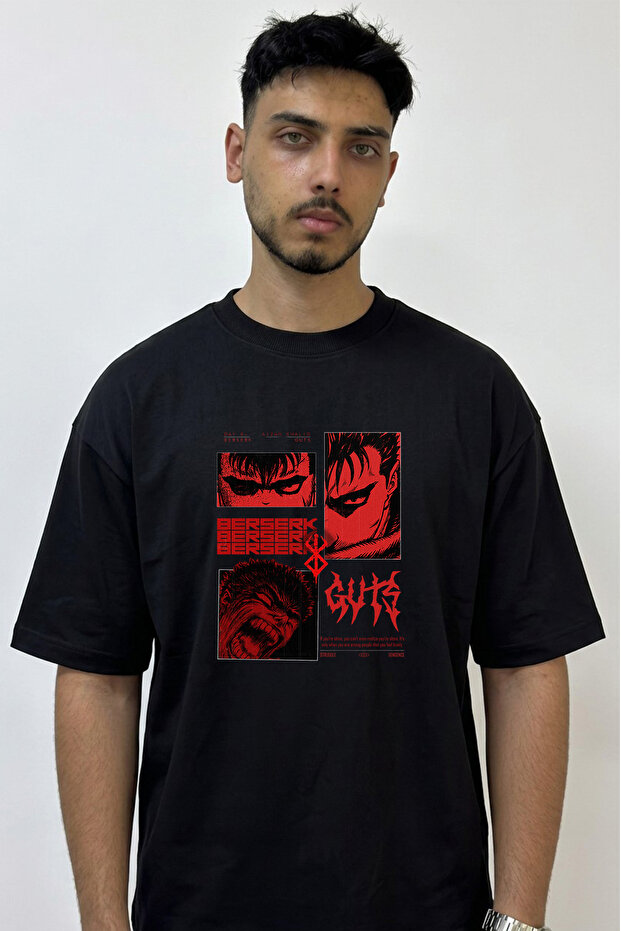Guts Berserk_4 Design Printed Oversize Black T-Shirt