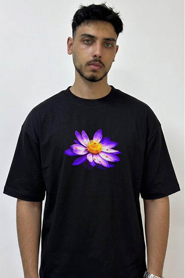 Purple Nilufer Design Printed Oversize Black T-Shirt