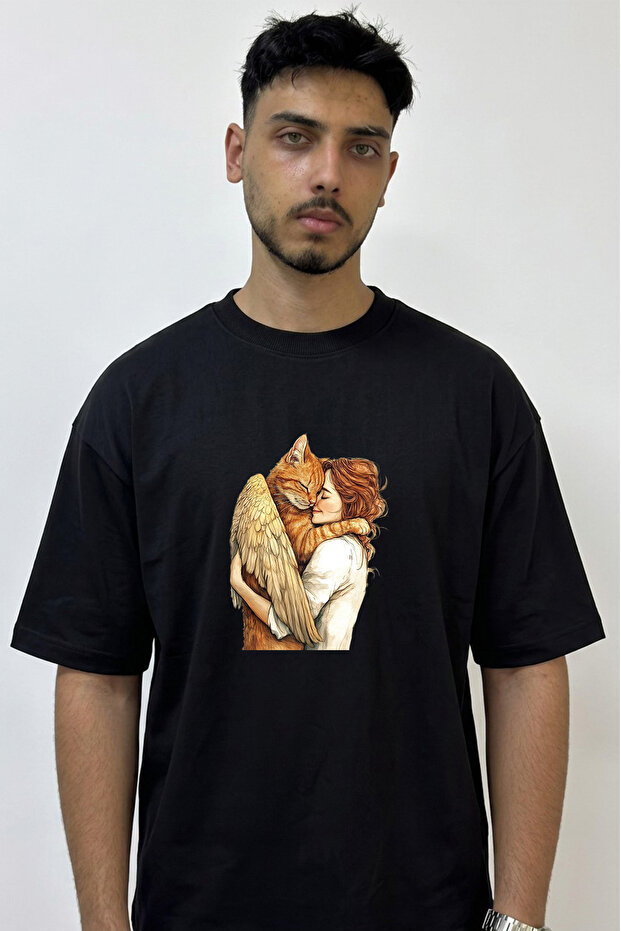 Angel Cat Woman Design Printed Oversize Black T-Shirt